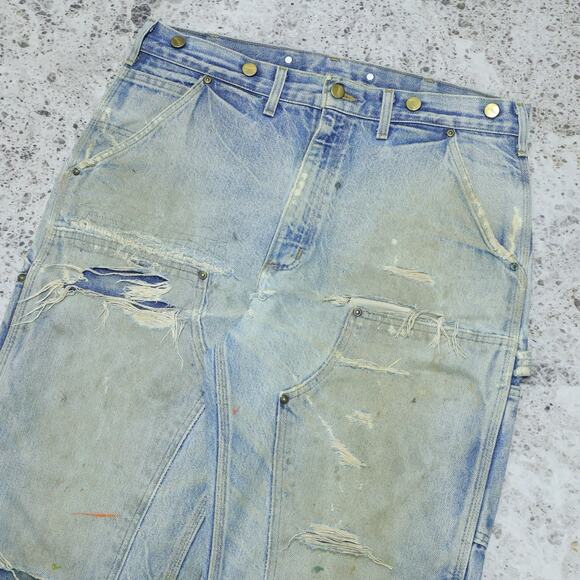 THRASHED Vintage Carhartt B07 DNM Faded Blue Jeans Denim Double Knee Pant 34x31 - Picture 16 of 16